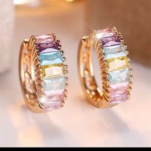 18k Gold Multi-Color Pastel Hoop Earrings - Lightweight Crystal Huggies 1/2”